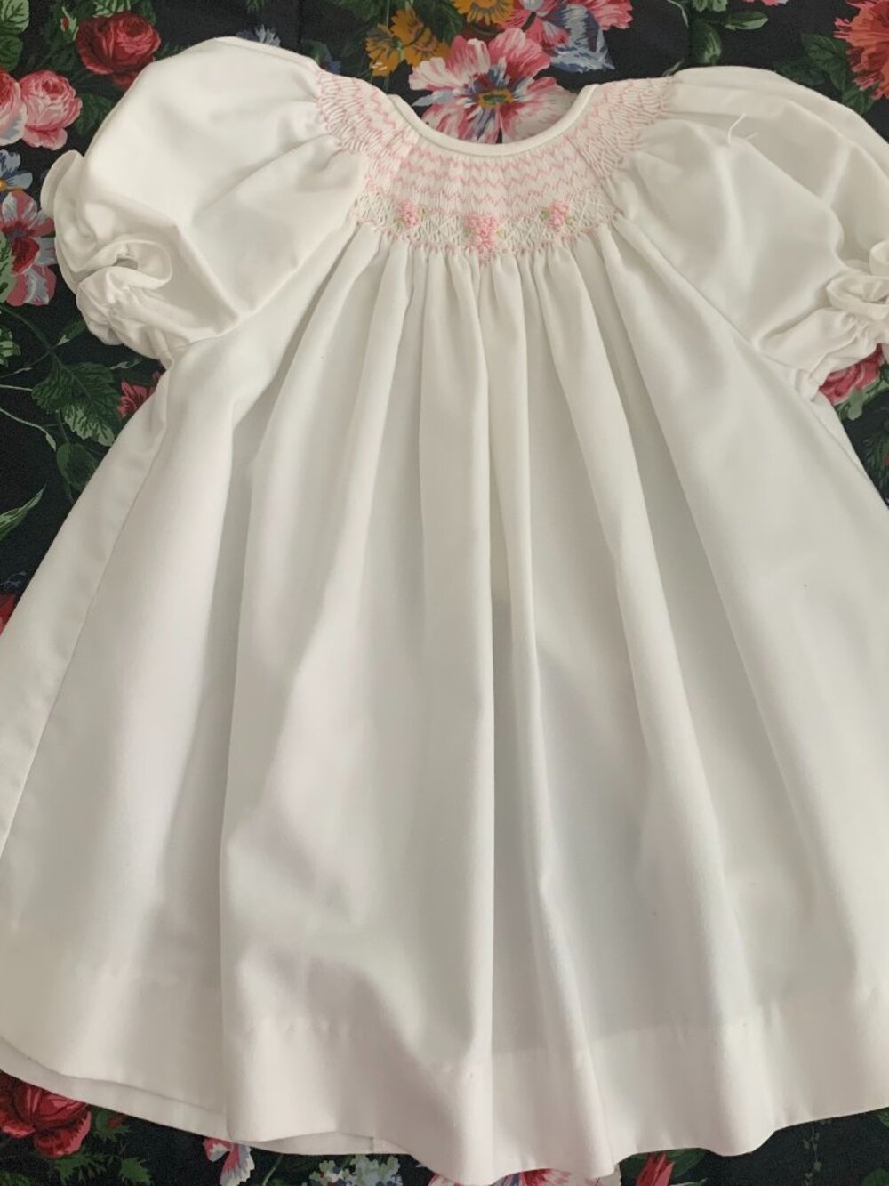 LULI & ME Baby Girl Dress in White with Pink Smocking, Size 18 mo